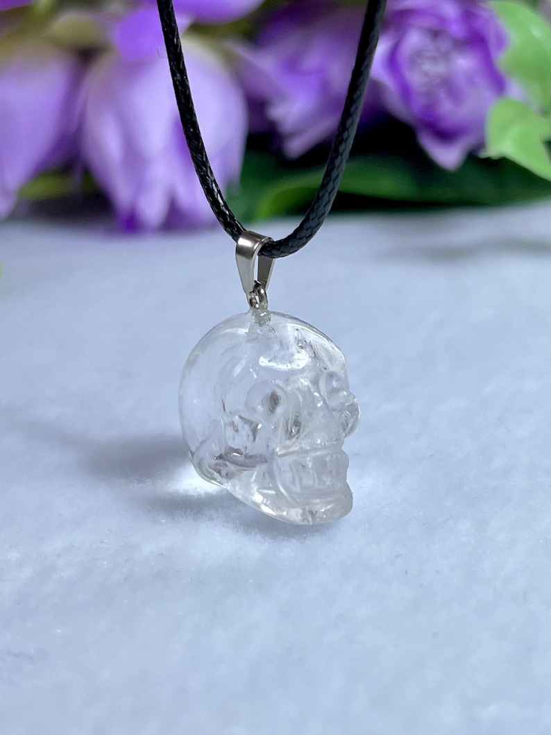 May include: Clear crystal skull pendant on a black cord necklace. The skull pendant is detailed with visible eye sockets, nose, and teeth. The necklace is displayed against a blurred background of purple flowers.