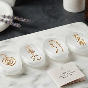 Selenite Stone Set Of 4 Usui Reiki Symbol Engraved Oval Stone with Box