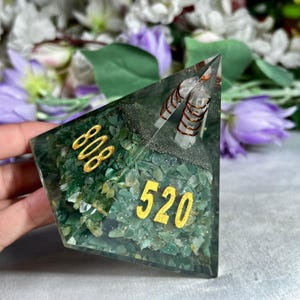 Organite Pyramid with Zibu Symbol, Green Aventurine Chips, Lemurian Seed Pencil (85x95 MM) image 12