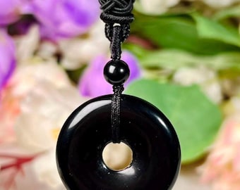 30 MM Black Obsidian Stone Donut Style Pendant Adjustable Black Corded Necklace
