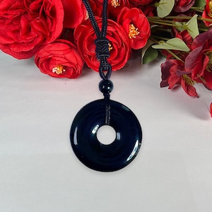 35 MM Black Obsidian Stone Donut Style Pendant Adjustable Black Corded Necklace