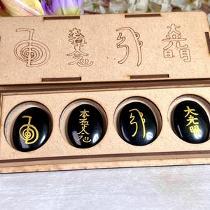 Black Tourmaline Stone Set Of 4 Usui Reiki Symbol Engraved Oval Stone with Box
