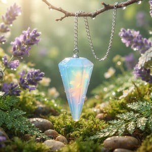 May include: A faceted, translucent, opalescent pendulum with a smooth, conical shape suspended from a silver-toned metal chain. The pendulum displays soft blue and white hues with an iridescent sheen, hanging vertically in a natural setting.