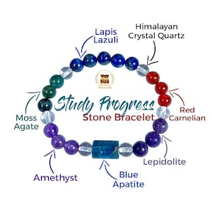 May include: A beaded bracelet with various gemstones, including Lapis Lazuli, Moss Agate, Amethyst, Blue Apatite, Red Carnelian, and Lepidolite. The bracelet also features Himalayan Crystal Quartz. The text "Study Progress Stone Bracelet" is displayed.