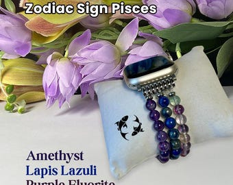 Pisces Zodiac Apple Watch Band, Amethyst, Lapis Lazuli & Purple Fluorite