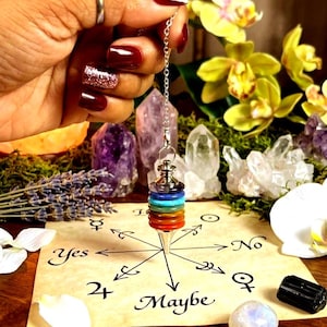 7 Seven Chakra Stone Disc Pendulum , Natural Healing Crystal Divination Chain for Reiki Healing