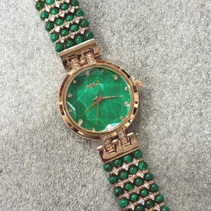 Green Malachite Beaded Bracelet Watch with Gold & Crystal Accents Petite Green Malachite Gemstone Beaded Watch Bracelet, Very  main image 4