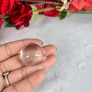 May include: A clear, rounded crystal stone held in a hand. The stone has a smooth, polished surface and a slightly pinkish hue. Red flowers and greenery are visible in the background, adding a touch of color.
