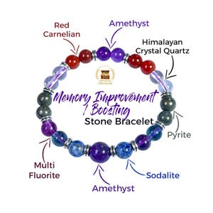 May include: A beaded stone bracelet featuring red carnelian, amethyst, Himalayan crystal quartz, pyrite, multi fluorite, and sodalite beads. The bracelet is labeled "Memory Improvement / Boosting Stone Bracelet."