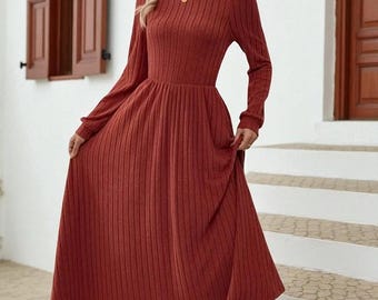 Elegant Pleated Maxi Dress High Neck Long Sleeve Solid Color Flowy Dress for Women - Etsy Elegant Pleated Maxi Dress High Neck Long Sleeve Solid Color Flowy Dress for Women - Etsy