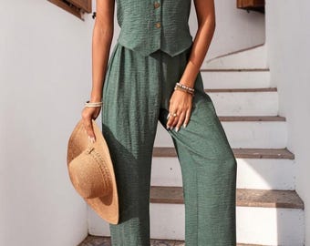Ensemble gilet et pantalon en lin | Tenue idéale pour aller du bureau au week-end cet été
