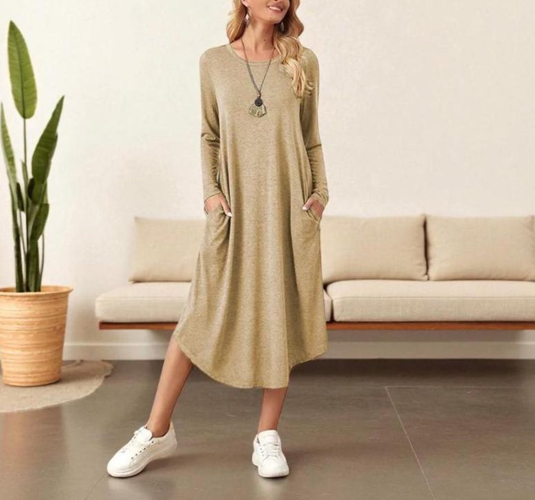 knee length dresses for ladies Women Long Sleeve Jersey Flared Swing T-Shirt Tunic Dress with Side Po –  TheLovely.com