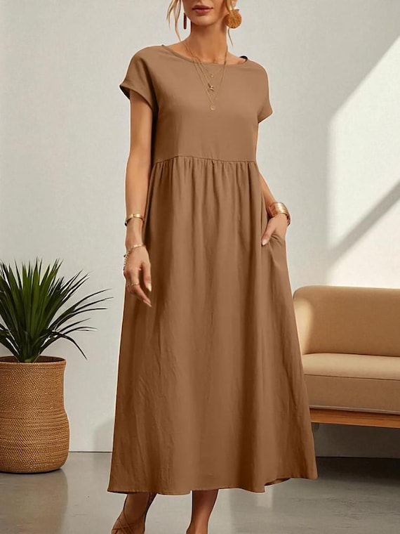 short sleeve loose maxi dress Brown Elegant Maxi Dress