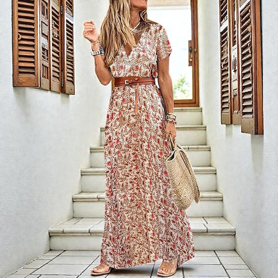 Boho Floral Maxi Dress - Women's V-Neck Short Sleeve Summer Dress, Bohemian Vacation Style Boho Floral Maxi Dress - Women's V-Neck Short Sleeve Summer Dress, Bohemian Vacation Style