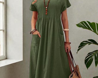 Boho Chic Cotton Linen Midi Dress – Relaxed A-Line Summer Dress with Pockets