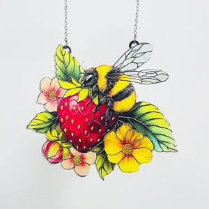 Strawberry Bee Faux Stained Glass Acrylic Suncatcher, Colorful Window Hanging, Garden Floral Decor, Summer Gift For Nature Lovers