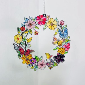 Floral Butterfly Faux Stained Glass Acrylic Suncatcher, Wreath Window Hanging, Spring Home Decor, Housewarming Gift For Women