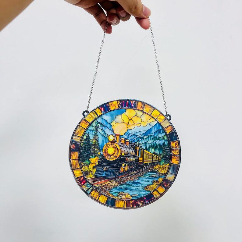 Vintage Locomotive Faux Stained Glass Acrylic Suncatcher Window Hanging ...