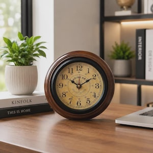 May include: A round analog clock with a dark brown wooden frame and a black inner bezel. The cream-colored face features black Arabic numerals from 1 to 12, smaller 13 to 24 hour markers, a central anchor graphic, and the text Marine Art.