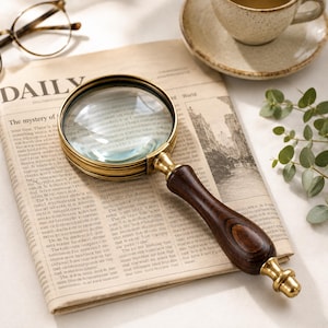 May include: A handheld magnifying glass featuring a circular brass frame and a polished dark brown wooden handle. The lens is clear and round, connected to the handle by a brass ferrule. The design is simple, functional, and classic in appearance.