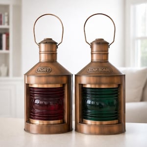 Vintage messing scheepslantaarnset, nautische verlichting bakboord stuurboord, maritiem kustdecor