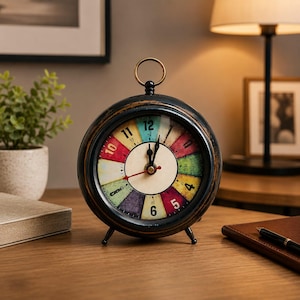 May include: A round, black metal table clock with a distressed finish and a ring handle on top. The clock face features a multi-coloured, segmented design with black numerals 4, 5, 6, 10, 11, and 12, black hour and minute hands, and a red second hand.
