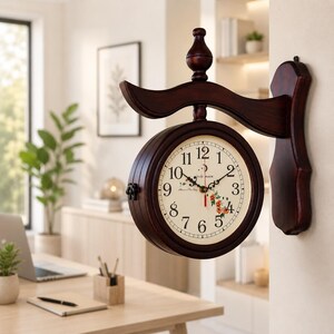 Op de afbeelding: Een dubbelzijdige wandklok met een donkerbruin houten frame en een decoratieve beugel. De gebroken witte wijzerplaat heeft zwarte Arabische cijfers, zwarte sierlijke wijzers, een rode secondewijzer en een bloemmotief met de tekst circle moon.