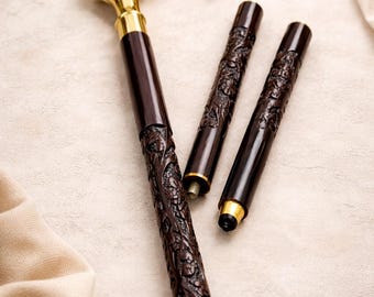 Victorian Style Brass Handle Wooden Walking Stick, Antique Cane