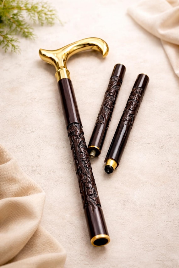 Victorian Style Brass Handle Wooden Walking Stick, Antique Cane