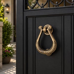May include: A brass-colored metal door knocker with a teardrop shape and decorative etched detailing, mounted on a matte black paneled door. The knocker features a hinged loop mechanism attached to a circular base plate centered on the door panel.
