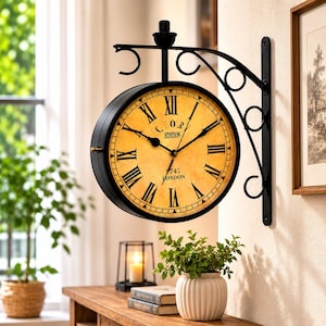 8-Inch Double Sided Station Wall Clock – Retro Industrial Metal Hanging Clock