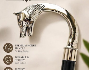Vintage Silver Horse Head Cane, Victorian Style Wooden Walking Stick, Luxury Brass Handle