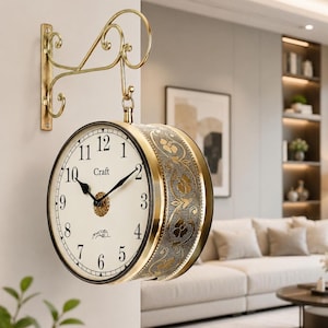 May include: A double-sided wall clock with a cream-colored face, black Arabic numerals, and the word Craft printed in black. The clock features a gold-toned metal frame with an ornate floral pattern and a matching decorative wall-mounted bracket.