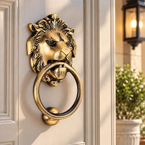 May include: A brass-colored metal door knocker shaped like a lion head with a circular ring held in its mouth. The lion features detailed mane textures and facial features, mounted securely onto a light-colored paneled door with visible screws.