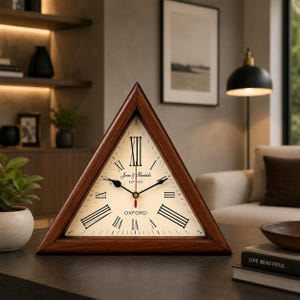 Peut inclure: Une horloge triangulaire en bois avec un cadran crème, des chiffres romains noirs et des aiguilles noires avec une trotteuse rouge. Le cadran porte les inscriptions Jones & Hendricks EST 1923 et OXFORD en lettres noires au centre.