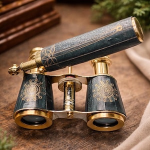 May include: Antique brass opera glasses with a dark teal and gold finish. The binoculars feature intricate gold floral designs and a central focus adjustment. The lenses are framed in gold, and the handle is wrapped in matching teal material.