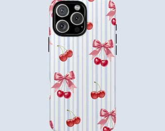 Cherry Bow Phone Case | Cute Coquette Aesthetic | Pink Striped Kawaii Tough Case for iPhone & Samsung | Girly Cottagecore Gift