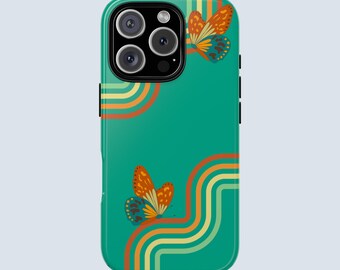 Retro Phone Case | Groovy 70s Aesthetic iPhone & Samsung Cover | Glossy Tough Protective Case | Vintage Boho Butterfly Design