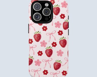 Strawberry Bow Phone Case | Cute Summer Strawberry Pattern | iPhone 17 16 15 14 13 12 11 Pro Max X | Samsung Galaxy S25 S24 S23 S22 Ultra