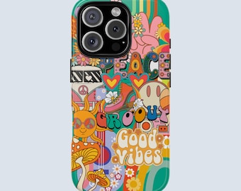 Capa retrô para celular "Paz e Boas Vibrações" | Estilo hippie dos anos 70 | Capa colorida com estética vintage para iPhone e Samsung