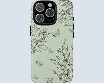 Sage Botanical Butterfly Phone Case | Minimal Nature Aesthetic | Soft Green Botanical Line Art Design |iPhone 17 16 15 14 13 12 11 Pro Max