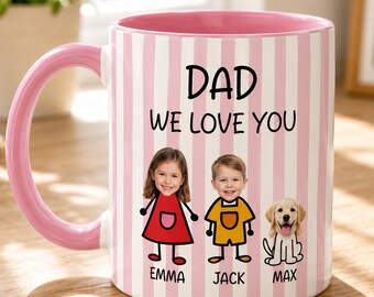 Personalized Dad Photo Stripe Mug – Custom Name Mug for Father, Birthday Gift for Dad, Father’s Day Gift from Kids, Wife & Family