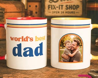 Custom World’s Best Dad Photo Mug, Retro 70s Father’s Day Gift, Vintage Dad Coffee Cup, First Father’s Day Mug, New Dad Present