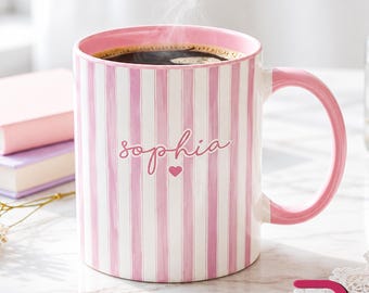 Personalized Name Striped Mug, Custom Coffee Cup with Heart, New Aunt Gift, Auntie Gift from Baby, Birthday Gift for Auntie