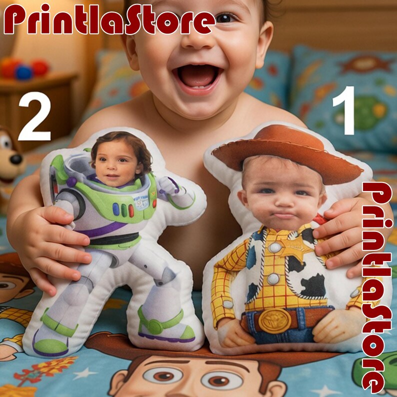 A baby is holding a plush toy of Buzz Lightyear and Woody from Toy Story, with a big smile on their face.