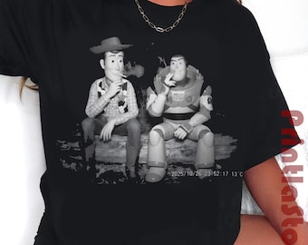 Funny Toy Story Woody & Buzz Smoking Tee, Trail Cam Meme Shirt, Retro Cartoon Parody T-Shirt, Dark Humor Graphic Tee