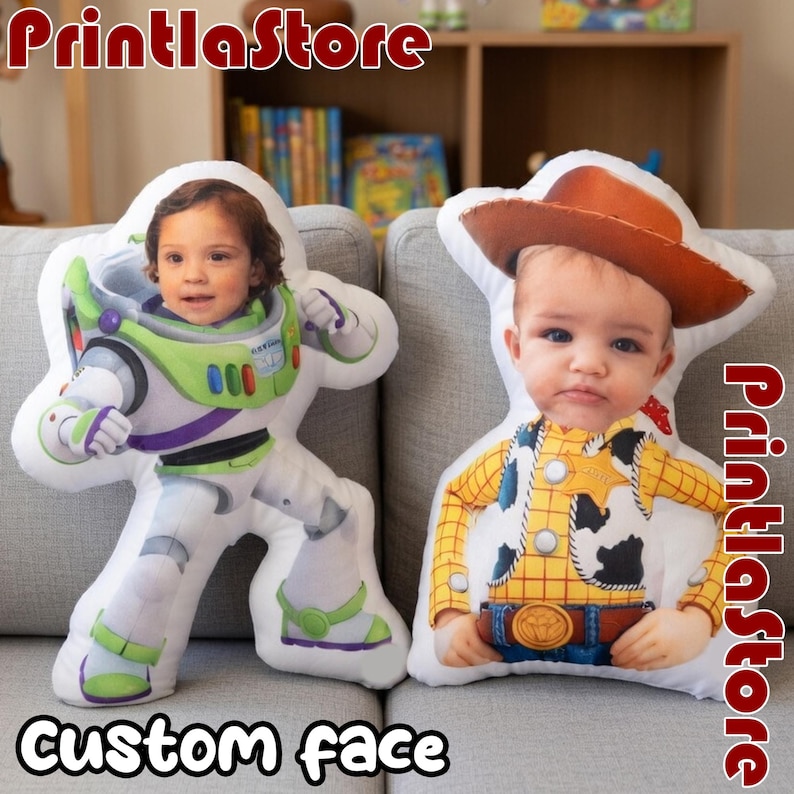 Two custom face pillows, one depicting Buzz Lightyear and the other a baby, are displayed on a couch.