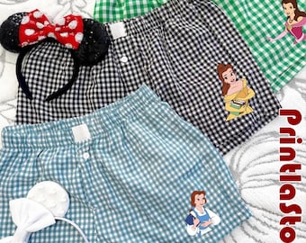 Belle Disney Embroidered Gingham Shorts, Beauty and the Beast Plaid Cotton Shorts, Cute Custom Women Summer Casual Outfit
