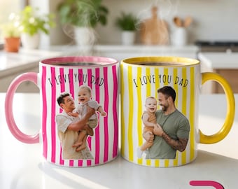 Custom Photo Striped Mug for Dad, Personalized Father Son Picture Cup, Best Dad Gift with Name, Grandpa New Dad Mug