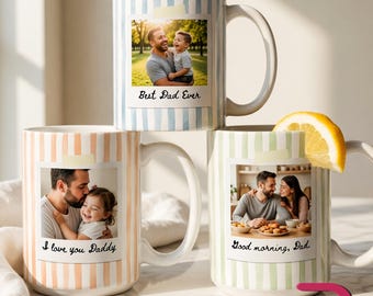 Custom Photo Striped Mug for Dad, Personalized Father Son Coffee Cup, Best Dad Gift with Name, Grandpa Mug, New Dad Keepsake Gift
